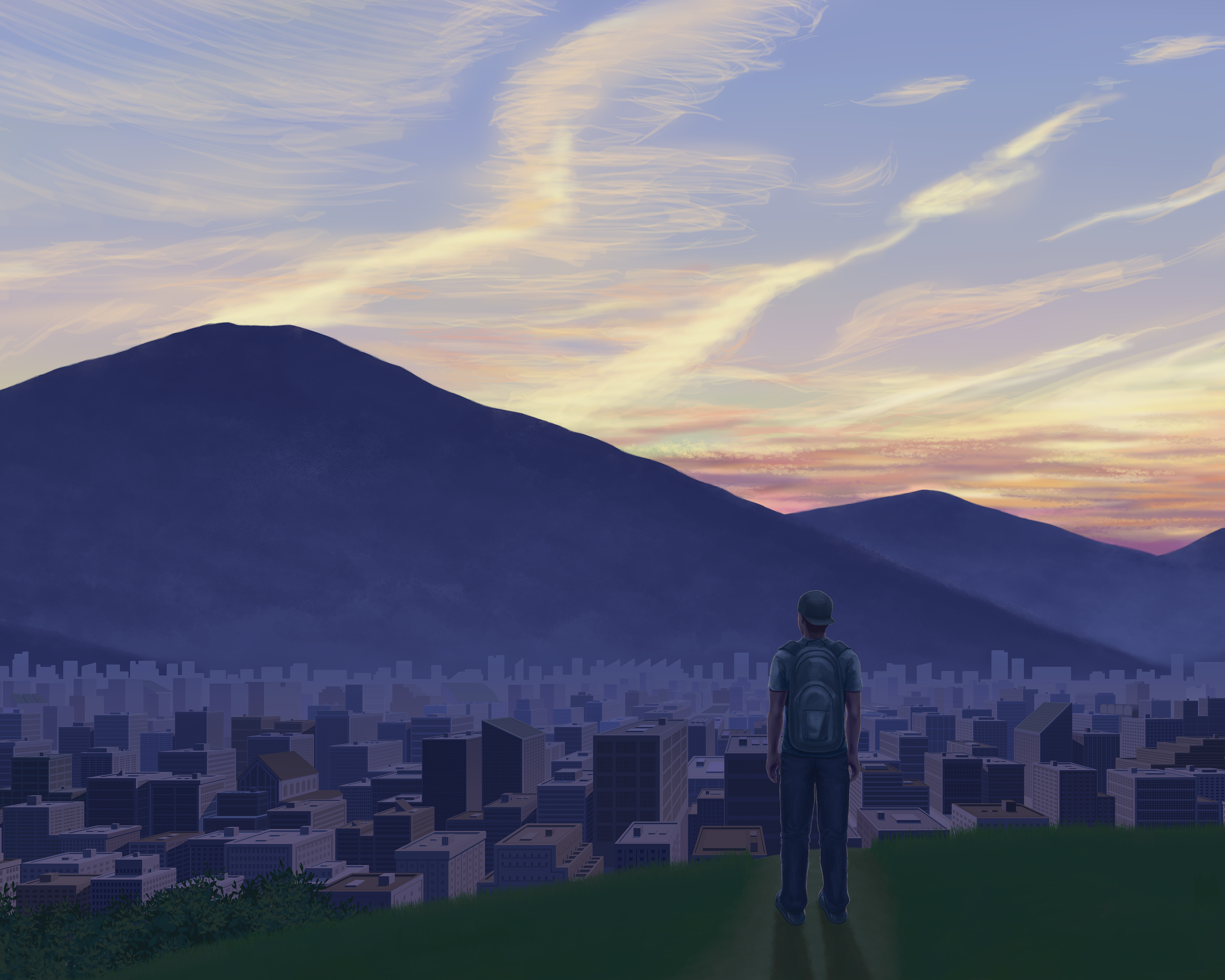 Person standing on a hill overlooking a cityscape with a colorful sky.